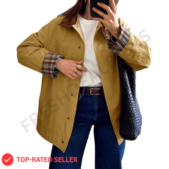 Windproof Trench Coat with Leather Collar Plaid Cuffs Oversized Fit
